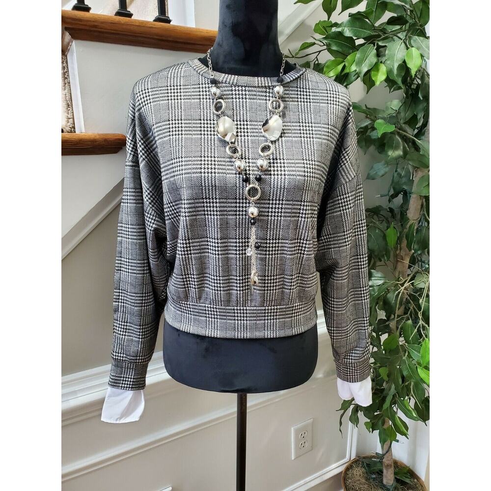 Ovs Women's White & Black Polyester Round Neck Long Sleeve Top Shirt Size Small
